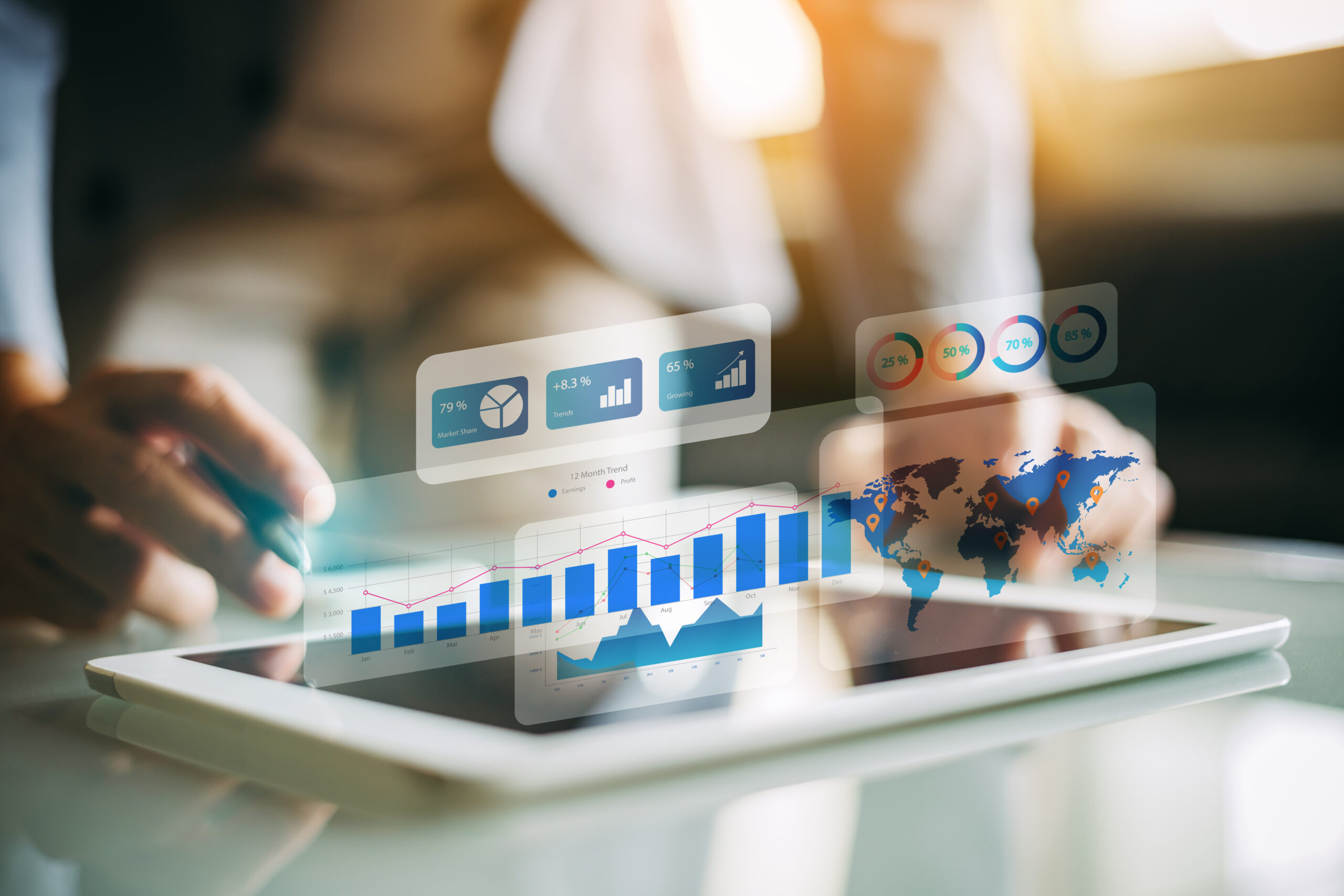 businessman investment consultant analyzing company financial report balance sheet statement working with digital graphs. Concept picture for stock market, office, tax,and project. 3D illustration.