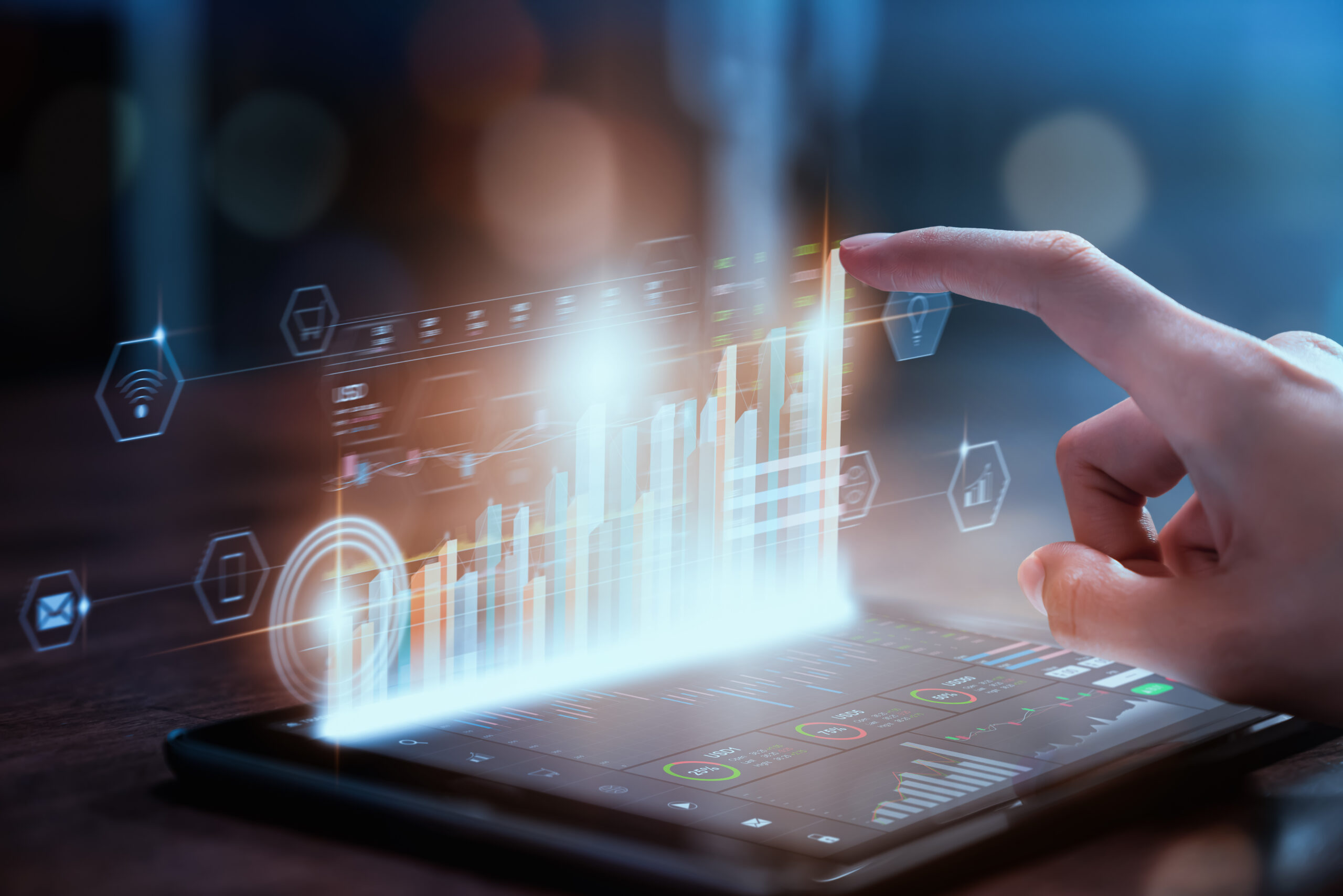 Stock exchange market concept, businesswoman hand trader press digital tablet with graphs analysis candle line on table in office, diagrams on screen.